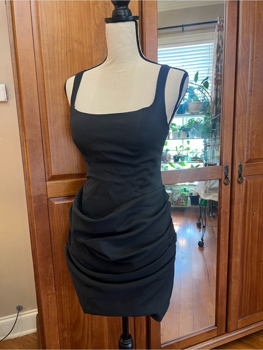 Square Neck Black Satin-Trim Mini Dress - Picture 3 of 10
